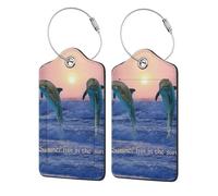 Bottlenose Dolphin At Sunrise,Luggage Tags Pu Leather Name Tag Travel Suitcase Identifier ID Tags Durable Luggage Label 2 pcs