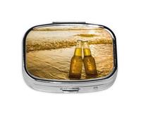 Bottles Beer Beach Sunset Time Print Pill Box 2 Compartment Medicine Pill Case,Portable for Pocket Or Purse Pill Box Decorative Metal Medicine Organizer