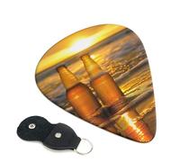 Bottles Beer Beach Sunset Time Printed Guitar Picks, 6 Pack with Leather Keychain Pick Holder - 0.46mm, 0.71mm, 0.96mm Assorted Thickness for Acoustic Ukulele, Electric Guitar, Acoustic Guitar, Bass