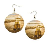 Bottles Beer Beach Sunset Time Printed Leather Earring Set For Women, 1 Pair Lightweight Bohemian Pierced Earrings Jewelry Gift For Women Girls