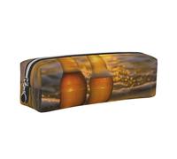 Bottles Beer Beach Sunset Time Printed Leather Pencil Case Cute Stationery Organizer Simple Makeup Bag Pen Pouch, Silver Zipper