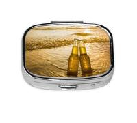 Bottles Beer Beach Sunset Time Printed,Meta Pill Box 2 Compartment Medicine Case,Portable Organizer