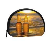 Bottles Beer Beach Sunset Time Printed Mini Coin Pouch, Shell Shape Zip Around Wallet, Small Zipper Pouch for Cash, Cards, Keys, Lipstick, Storage Pouch, Travel Organizer
