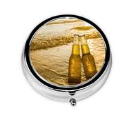 Bottles Beer Beach Sunset Time PrintedMeta Pill Box 3 Compartment Medicine Case,Portable Organizer