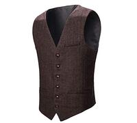 BOTVELA Men's Slim Fit Herringbone Tweed Waistcoat Full Back Wool Blend Suit Vest (Coffee, XX-Large)