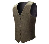 BOTVELA Men's Slim Fit Herringbone Tweed Waistcoat Full Back Wool Blend Suit Vest (Khaki, Small)