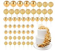 BOUBONI 60Pcs Glitter Cake Balls Decorations Foam Cake Topper Balls Mini Balloon Cupcake Toppers for Cake Decorating Birthday Baby Shower Party (Glitter Gold)