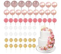 BOUBONI 60Pcs Glitter Cake Balls Decorations Foam Cake Topper Balls Mini Balloon Cupcake Toppers for Cake Decorating Birthday Baby Shower Party (Glitter Pink Gold White)