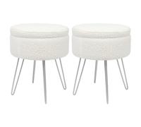 Boucle Storage Footstool Cream Round Ottoman Stool Seat Hairpin Legs H46 x D37cm