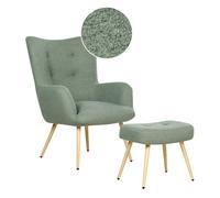 Boucle Wingback Chair with Footstool Light Green VEJLE II