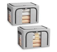 BOUDOI Clothes Storage Boxs With Lid，Large Storage Box With Double opening Zips Clear Windows，Foldable Oxford Cloth Steel Frame, Waterproof Wardrobe Storage Organiser for Bedding, Blankets,Duvet 66L