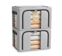 BOUDOI Foldable Storage Box,2 Pack Clothes Storage Boxes With Double Opening Zip And Clear Window, Sided Zip Top Lid, With Reinforced Handle for Storing Bedding, Blankets