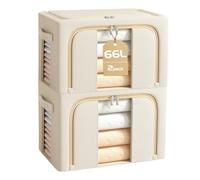 BOUDOI Storage Boxes Organiser,66L Clothes Storage Boxes with Metal Frame＆Top and Front Opening Zip with Clear Window,Fabric Foldable Storage Boxes Wardrobe Storage Organiser for Bedding,Clothes-Beige