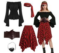 BOUFEIDA Women's Pirate Costume, Medieval Pirate Dress Set with Pirate Top, Skirt, Pirate Headscarf, Belt, Eye Mask, for Halloween, Carnival, Cosplay (Black, XL)