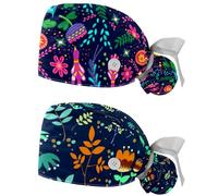 Bouffant Cap with Sweatband for Women & Men, 2 Packs Soft Surgical Scrub Hats, Beautiful Flowers and Leaves Ponytail Working Cap