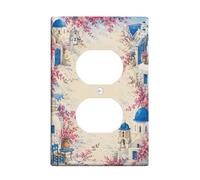 Bougainvillea Duplex Outlet Covers Wall Plate, Mediterranean Rustic Chair Table Summer Blue Plastic Standard Size Face Plates for Electrical Outlets for Bedroom Bathroom Kitchen Entrance Decor