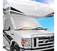 BougeRV RV Windshield Window Snow Cover for Class C Ford E450 1997-2024 Motorhome, Windshield Cover for Ice and Snow RV Front Window Sunshade Cover RV Accessories 4 Layers with Mirror Cutouts Silver