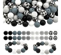 Bouiexye 100 Pcs 15mm Silicone Beads for Bracelet Making, Black White Gray Silicone Beads Bulk Round Bead for Keychain Making DIY Crafts Bracelet Beadable Pens Decorative Supplies