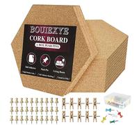 Bouiexye 16 Pack Hexagon Cork Bulletin Boards 1/4inch Self-Adhesive Corkboards for Wall School Home Office Map with 50 Colorful Push Pins 30 Wood Push Pins 10 Wood Pegs