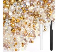 Bouiexye 80g Mix Flatback Pearls Champagne Gold Rhinestones for Clothes Half Round Pearls Gems Rhinestones for Crafts Face Nail Art Bottles Tumblers Shoes Gift DIY Bedazzling (Size 2mm-10mm)