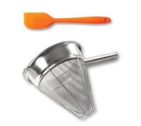 Bouillon Strainer - Stainless Steel Fine Mesh Metal Food Chinois, Cone Separator, Kitchen Colander Sieve for Sauce Jam Jelly Tea, 8" - With Spatula