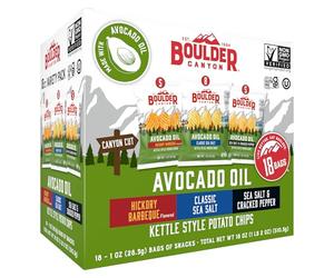 Boulder Canyon Avocado Oil Kettle Style Potato Chips Variety Pack, 18 Count - Gluten-Free, Non-GMO, Hickory Barbecue, Classic Sea Salt, Sea Salt & Cracked Pepper (1 oz Bags)