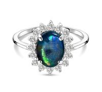 Boulder Opal Halo Ring with Zircon Princess Diana Inspired Oval Gemstone Ring Sterling Silver with Platinum Overlay October Birthstone Jewelry Ideal for Engagement, Anniversary, Gift - Size P