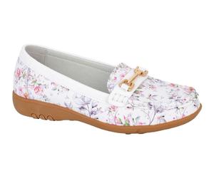Boulevard L643G Ladies Leather Smart White Floral Print Saddle Trim Loafers