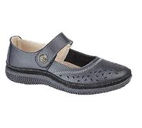 Boulevard Tracey X Wide EEE Fitting Leather Fastening Perforated Bar Shoes - Black Leather, Ladies UK 4 / EU 37