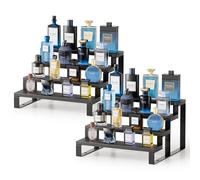 Boulphia 2 Set Black Cologne Organizer for Men, 12 Inch Cologne Stand 4 Tier Perfume Organizer for Dresser, Versatile Step Display Stand Shelf for Fragrance, Skincare, Figurine, Dessert (Wood & Metal)