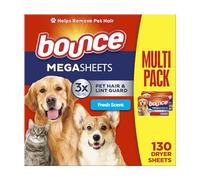 Bounce Pet Hair and Lint Guard Mega Dryer Sheets with 3X Pet Hair Fighters, Fresh Scent, 130 Count (Packaging May Vary)