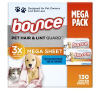 Bounce Pet Hair and Lint Guard Mega Dryer Sheets with 3X Pet Hair Fighters Unscented 130 Count