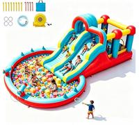 Bouncy Castle, 8 in 1 Inflatable Water Park, Large Paddling Pool with Slide, Splash Pool, Water Cannon, Kids Inflatable Bounce House with Blower Storage Bag, 711×314×220 CM