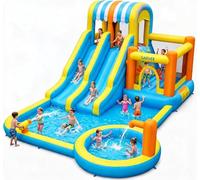 Bouncy Castle with Water Slide, 8 in 1 Inflatable Water Park, Large Paddling Pool with Slide, Splash Pool, Water Cannon, Kids Inflatable Bounce House with Blower Storage Bag, 483×381×242 CM