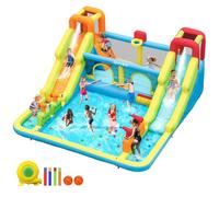 Bouncy Castle XXL with Double Water Slide and Blower, Large Bouncy House with 4 Water Spray Cannons, 2 Climbing Walls, Basketball Hoop, Trampoline for Children Outdoor Indoor, 452 x 416 x 210 cm