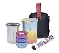 Boundless Voyage Titanium Double-Layer Tea Maker with Filter Portable Camping Teapot Set Anti-scalding Tea Cup Mug for Picnic Hiking Traveling Home Use (Ti3135D-Mix color (Teapot+3cups))