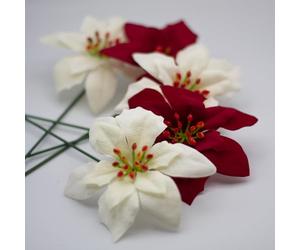 Bountiful Harvest Velvet Poinsettia Pick - 12cm diameter - Wreaths Garlands Floristry -Enchant Your Christmas Decoration with Luxurious Red Velvet Picks (24, Half Red and Half Ivory)