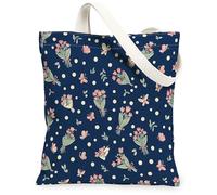 Bouquet Canvas Tote Bag for Women, Floral Playful Butterfly Leaf Spring Navy Washable Reusable Market Tote Bag Ideas for Outdoor Travel Workday Reading 13x15 Inch