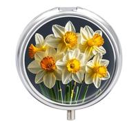 Bouquet of Daffodils Pill Box 3 Compartment Travel Pill Organizer with Mirror Design Portable Pillcase for Pocket Or Purse Round Medicine Case Weekly Medicine Container Holder for Daily Meds