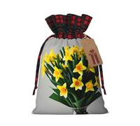 Bouquet Of Daffodils Print Festive Plaid Gift Bag, Candy Bag, Drawstring Burlap Pouch For Holiday Presents Favor-M
