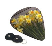 Bouquet of Daffodils Printed Guitar Picks, 6 Pack with Leather Keychain Pick Holder - 0.46mm, 0.71mm, 0.96mm Assorted Thickness for Acoustic Ukulele, Electric Guitar, Acoustic Guitar, Bass