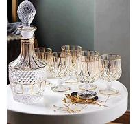Bourbon Whiskey Decanter，Golden Design Czech Crystal Decanter and 6 Glasses