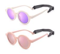 Bouryo Polarized Cute Round Sunglasses Flexible Newborn Baby Sunglasses with Strap for Infant Boys Girls Ages 0-24 Months, A4 White/Purple Mirror + Pink/Pink Mirror, M