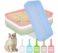 BOUTICOL 5 Pcs Medium Open Cat Litter Box Kitten Litter Pan with 5 Scooper - 15 x 10.4 x 1.6 Inch Low Entry Plastic Cat Litter Tray Travel Toilet for Cats Puppies Bunnies Guinea Pig, 5 Colors