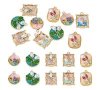 Boutigem 10Pcs Oil Painting Flower Enamel Charms Rectangle Oval Flat Round Vintage Metal Flower Pendants Imitation Pearl Floral Dangle Charms for DIY Necklace Earring Bracelet Jewelry Making