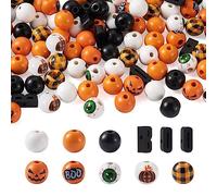 Boutigem 116pcs Halloween Wood Beads Pumpkin Tartan Green Eye Pattern Painted Large Wood Round Beads for Crafts Making Holiday Decoration