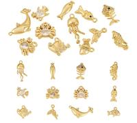 Boutigem 12 Pcs Ocean Theme Cubic Zirconia Charms 18K Gold Permanent Jewelry Charms Crystal Dolphin Crab Fish Bone Sea Horse Jellyfish Charm for Bracelet Necklace Earring Jewelry Making