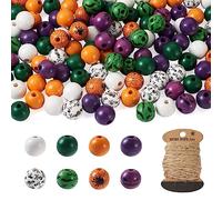 Boutigem 120Pcs Halloween Wooden Beads, Painting Skull Spider Bat Pattern Beads Ornaments Party Home Decor for Jewelry Making
