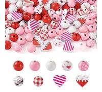 Boutigem 120Pcs Painted Round Heart Wood Beads Valentine's Day Natural Wooden Beads Red Hot Pink Strip Beads for DIY Craft Jewelry Making