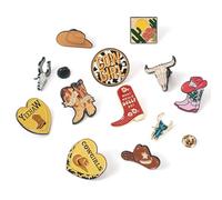 Boutigem 12Pcs Cowboy Theme Enamel Pins Cute Cowboy Boots Shoes Hat Cattle Head Cowgirls Heart Brooch Badges Brown Western Cowboy Lapel Badges for Backpack Bags Hats Clothing Decorative Supplies,